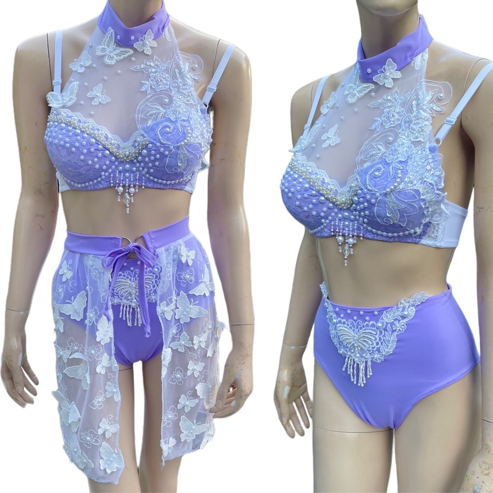 Lavender Pearls Butterfly Fairy Dance Rave Bra and Skirt Halloween Costume